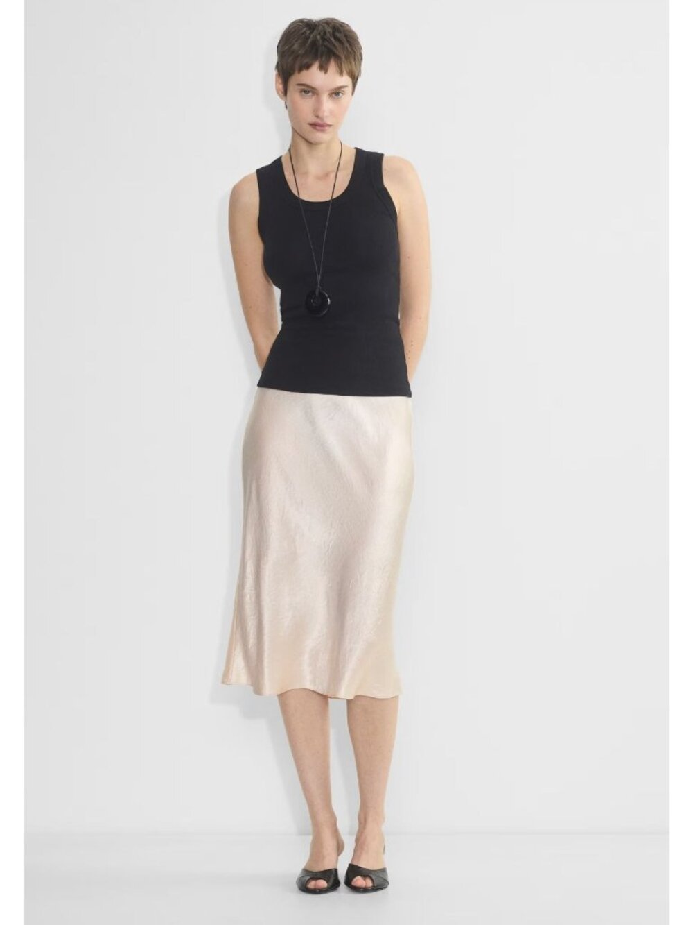 Babaton Satin Midi Skirt Mid Calf Off white denude Pull on size 8 Aritzia